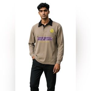 SELECT START DREYFUS ART LONG SLEEVED GRAPHIC POLO SHIRT Size M Tan